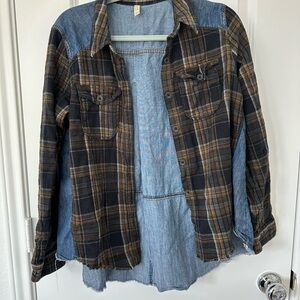 Free People Plaid and Denim Long Sleeve Top